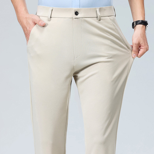 Wholesale men's four-way stretch summer ice silk pants, long pants, high-waisted breathable wrinkle-resistant formal pants