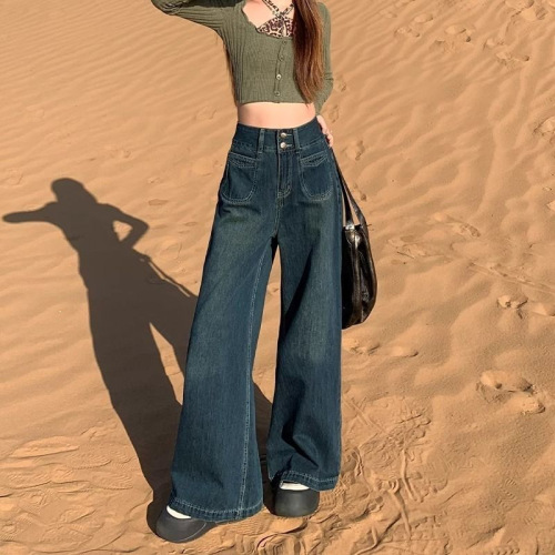 Women's Deep Blue High-Waisted Wide-Leg Denim Jeans, Winter Loose Drop-Sensation Petite Thermal Straight Leg Pants