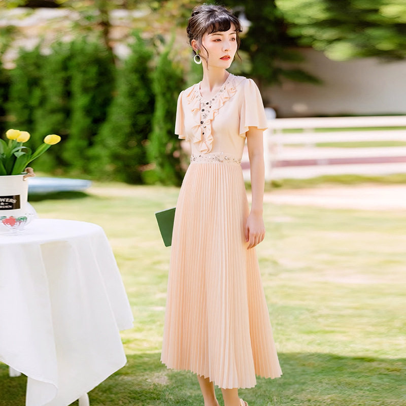 Feimengyi フリルビーズドレス女性の夏の軽くて洗練されたハイエンドデザインウエスト V ネックプリーツロングスカート|undefined