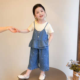 女童夏季吊带牛仔套装2026新款洋气韩版儿童短袖阔腿裤夏款三件套