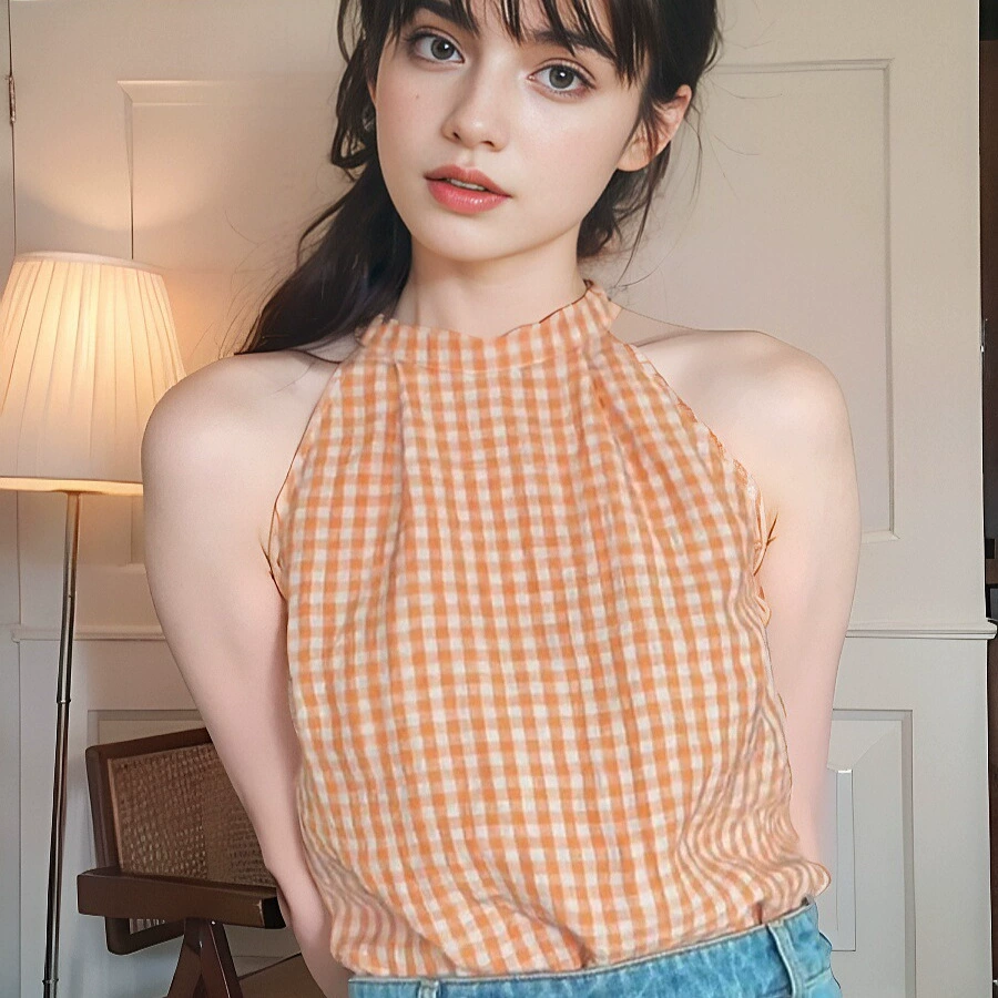 Лето 2025, новая французская клетчатая майка без рукавов, женский модный стильный топ с лямкой на бретельках