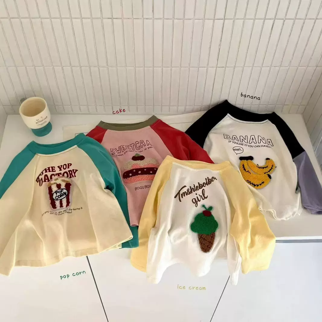 2025春季新款男女童休闲时尚插肩袖中大童卡通T恤打底上衣
