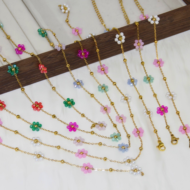 Vintage Colorful Flower Beaded Titanium Steel Necklace for Women Dopamine Girl Small Flower Choker Clavicle Chain Bracelet Set