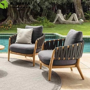 Nordic Outdoor Sofa Teak Courtyard Rattan Coffee Table Combination Balcony Open-Air Villa Garden Rattan Chair Waterproof Furniture