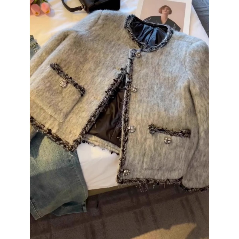 High-End Tweed Chanel-Style Women's Jacket 2025 Autumn and Winter New Gray Versatile Short Cardigan Top