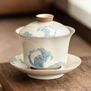 手绘堆雕海浪三才盖碗单个高档陶瓷茶碗带盖不烫手功夫茶具泡茶碗