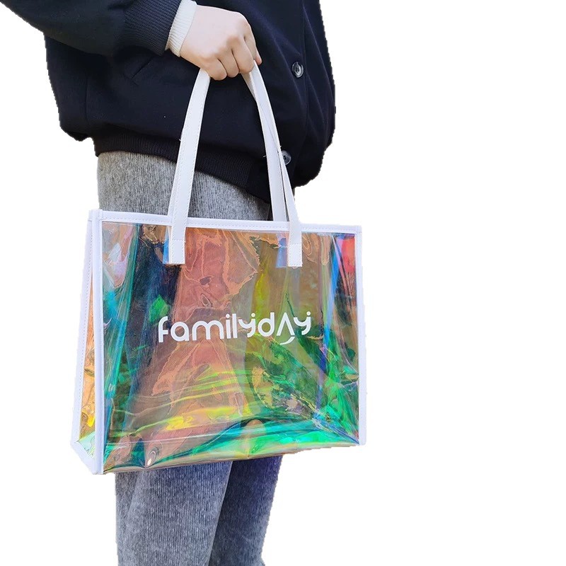 Bolsa de mano transparente de pvc, bolsa de ropa láser colorida, bolsa de compras, bolsa de regalo de plástico ins, bolsa de gelatina de red tpu