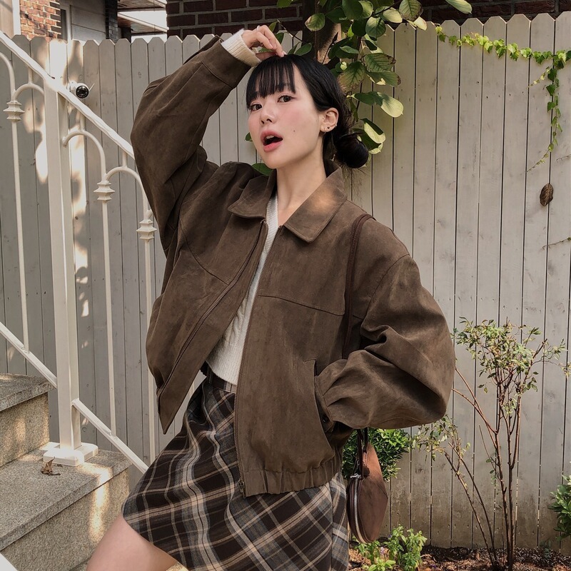 Spring Coat Women's Maillard Retro Lapel Zipper Design Suede Loose High-end All-match Baseball Suit