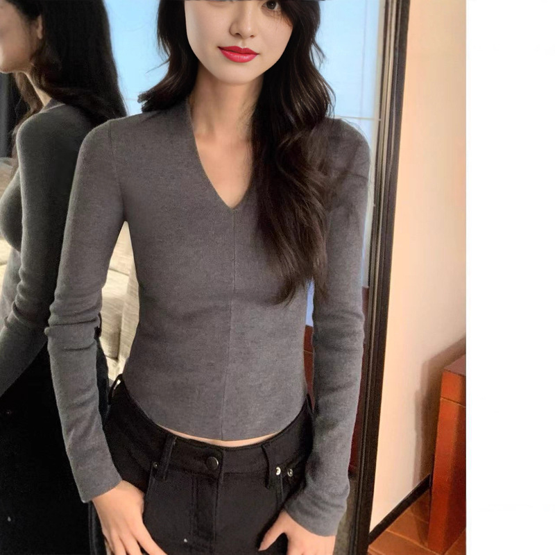 纯色v领针织打底衫女秋冬新款内搭毛衣纯欲修身显瘦百搭长袖上衣|undefined