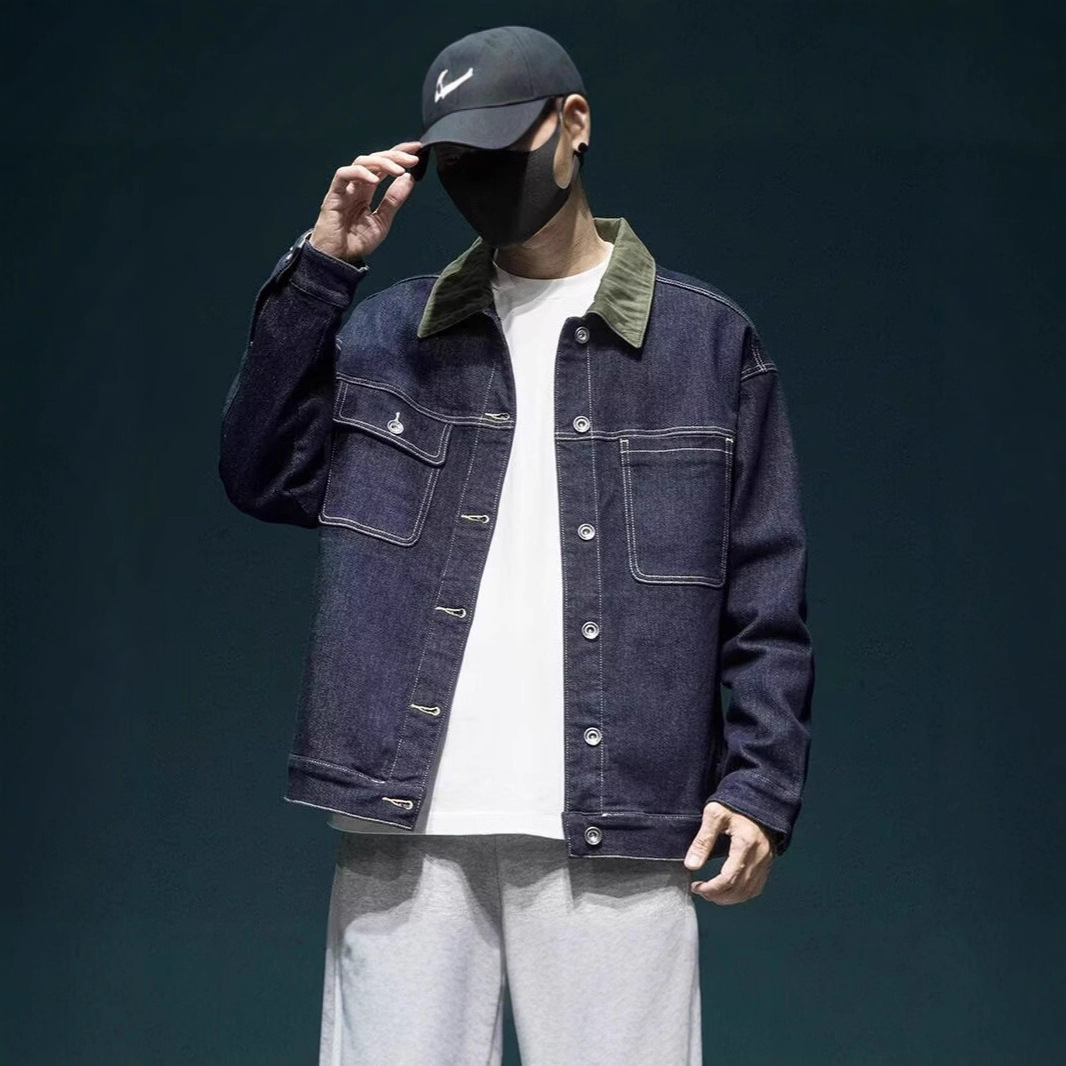 Retro-Jeansjacke in Dunkelblau, Herren, trendige Marke, lockere Passform, lässige Arbeitsjacke in Übergröße_voghion.com