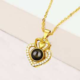 欧美跨境锁骨链微镶钻爱心吊坠100种语言我爱你投影项链图片定 制