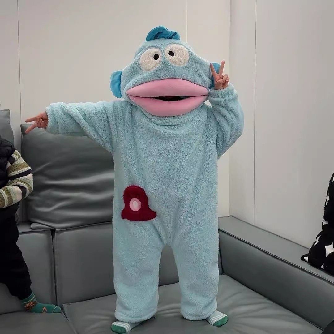 Cute Cartoon Funny Ugly Fish Hanton Children's One-Piece Pajamas Women's Autumn and Winter Velvet Thickened Coral Velvet Home Clothes