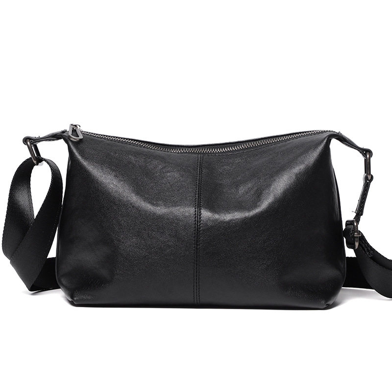 Túi đeo chéo nam da bò thật thuộc da thực vật, túi đeo vai nhẹ, túi du lịch mềm 29×11×17 cm — Màu đen