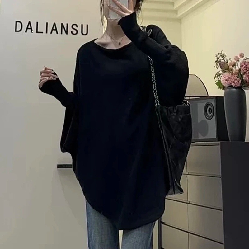 慵懒风V领针织衫毛衣外套2025春秋新款不规则设计感蝙蝠袖女上衣|undefined