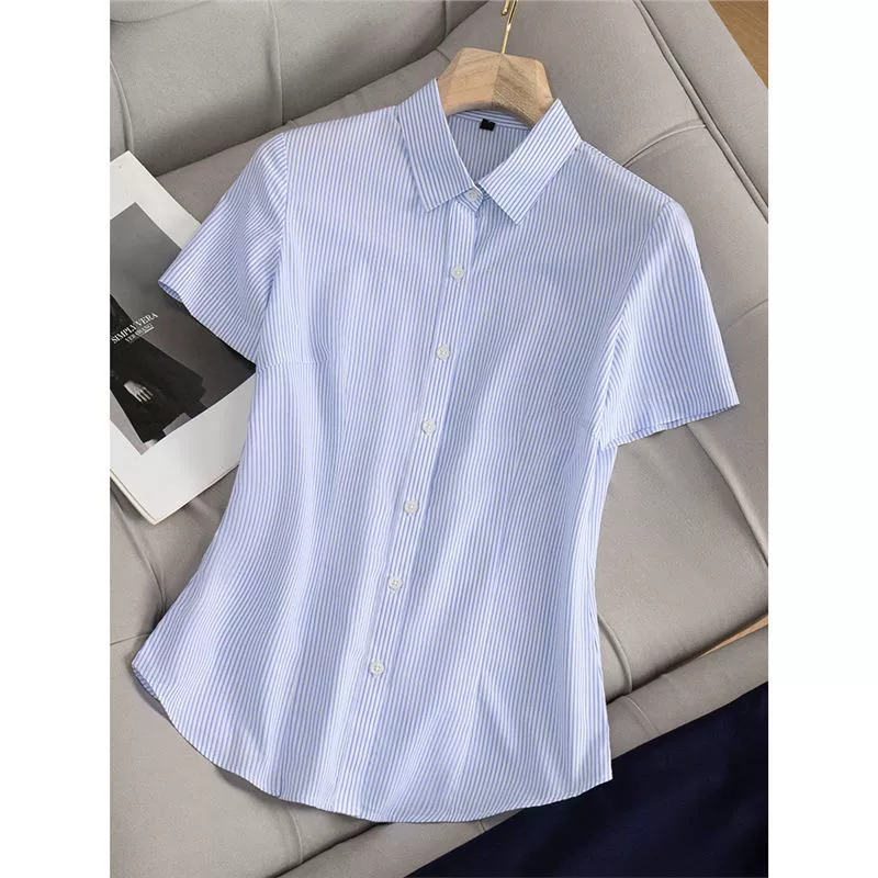 Женская летняя рубашка с коротким рукавом в синюю полоску, профессиональная, формальная, для работы, элегантная, для стойки регистрации, отеля, банка.