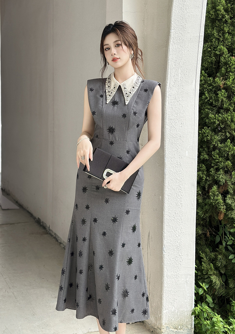 Váy đuôi cá cổ búp bê thắt eo đính sequin cho nữ — màu xám chi tiết 6