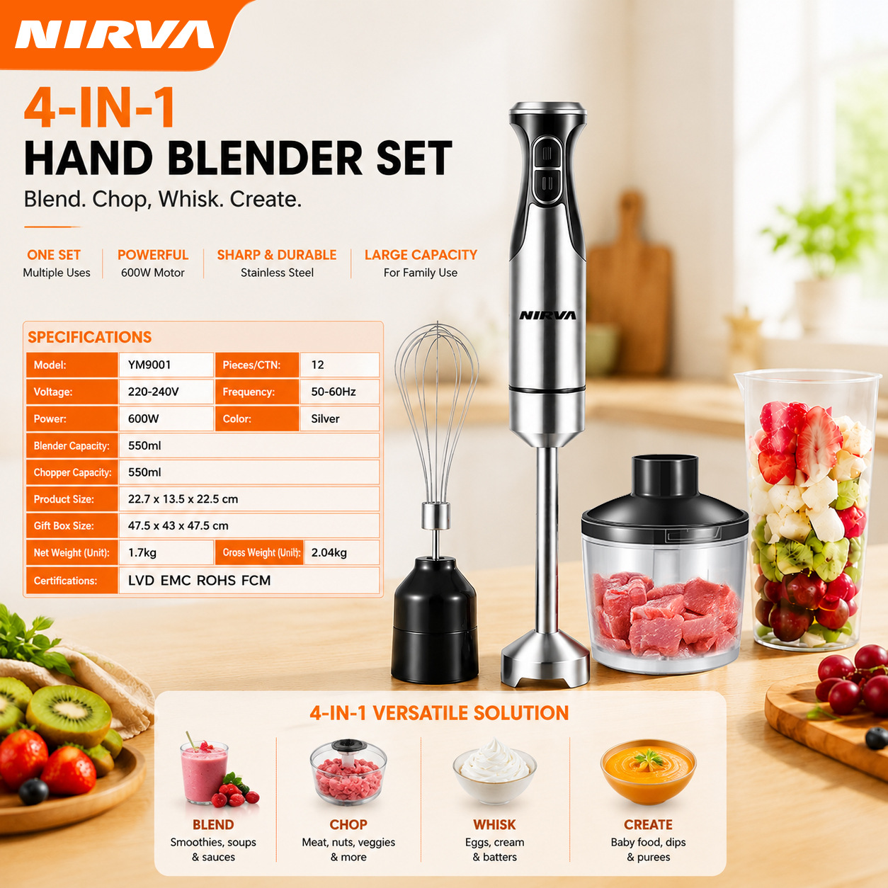 nirva跨境4in1欧美规500W搅拌机厨师机料理机料理棒搅拌棒绞肉机