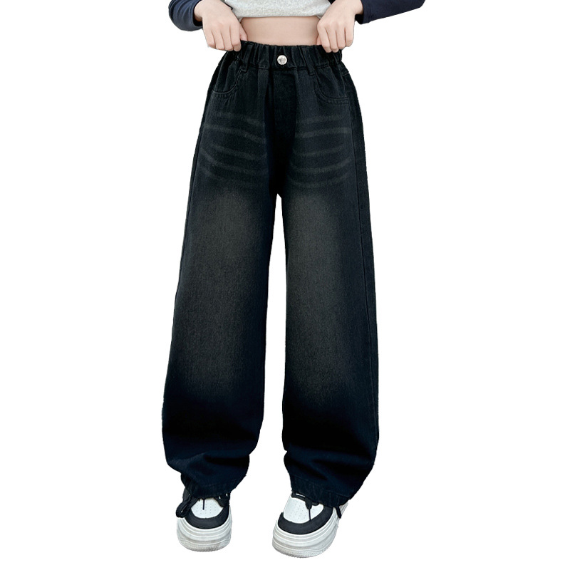(2개) 소녀 가을 청바지 2024 십대 검은 바지 큰 아이 학생 느슨한 외부 착용 레트로 넓은 다리 바지