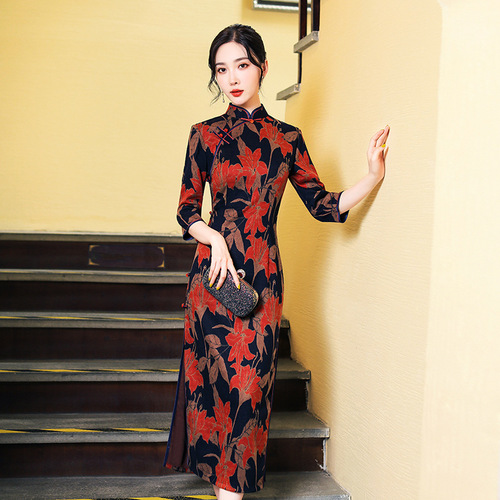 Women black with red leaves chinese dresses oriental old shang qipao dress host singers wedding party cheongsam dress for lady