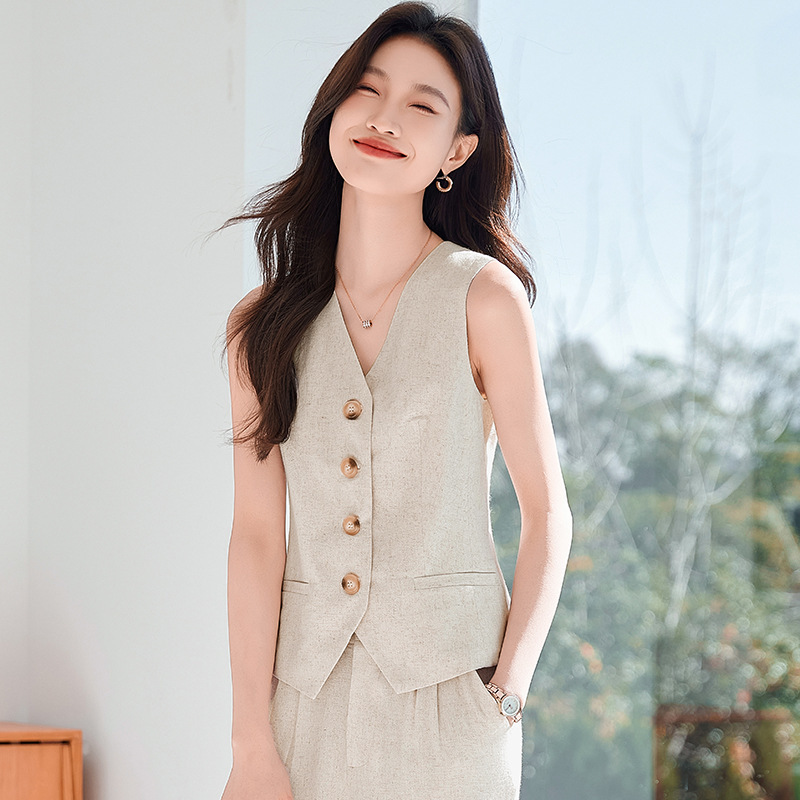 High-end Linen Vest Shorts suit Women's Summer New Sleeveless Thin Ramie Cotton Linen Outer Wear Ponylet Vest