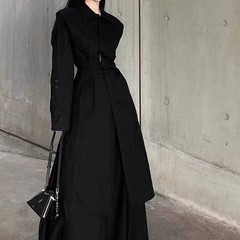 山本耀司風衣スリットウエストワンピース女性レトロ2024春秋デザイン感ロングシャツスカートセット