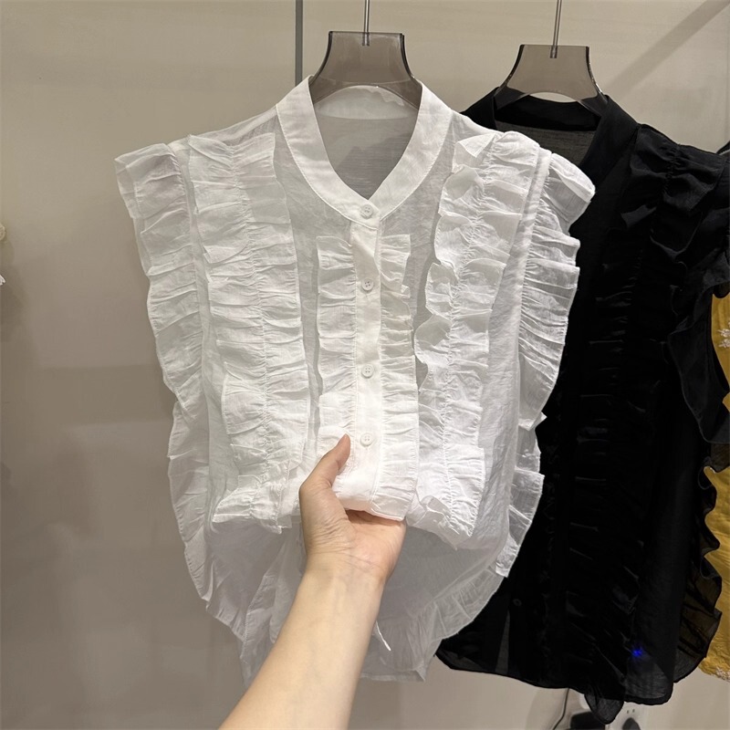 Ruffled Sleeveless Blouse for Women, 2025 Summer New Korean Style Ruffle Stand Collar Small Flutter Sleeve Shirt