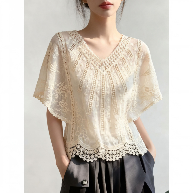 Bohemian Style Hollow-Out Short-Sleeved Shirt for Women, Summer Design V-Neck Sun Protection Cover-Up, Forest-Style Top A12336 Bohemian Style Hollow-Out Short-Sleeved Shirt for Women, Summer Design V-Neck Sun Protection Cover-Up, Forest-Style Top A12336