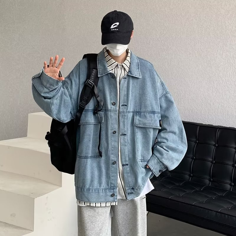 American retro loose boyfriend style Denim coat men's light color washed denim jacket Hong Kong style couple jacket ins fashion