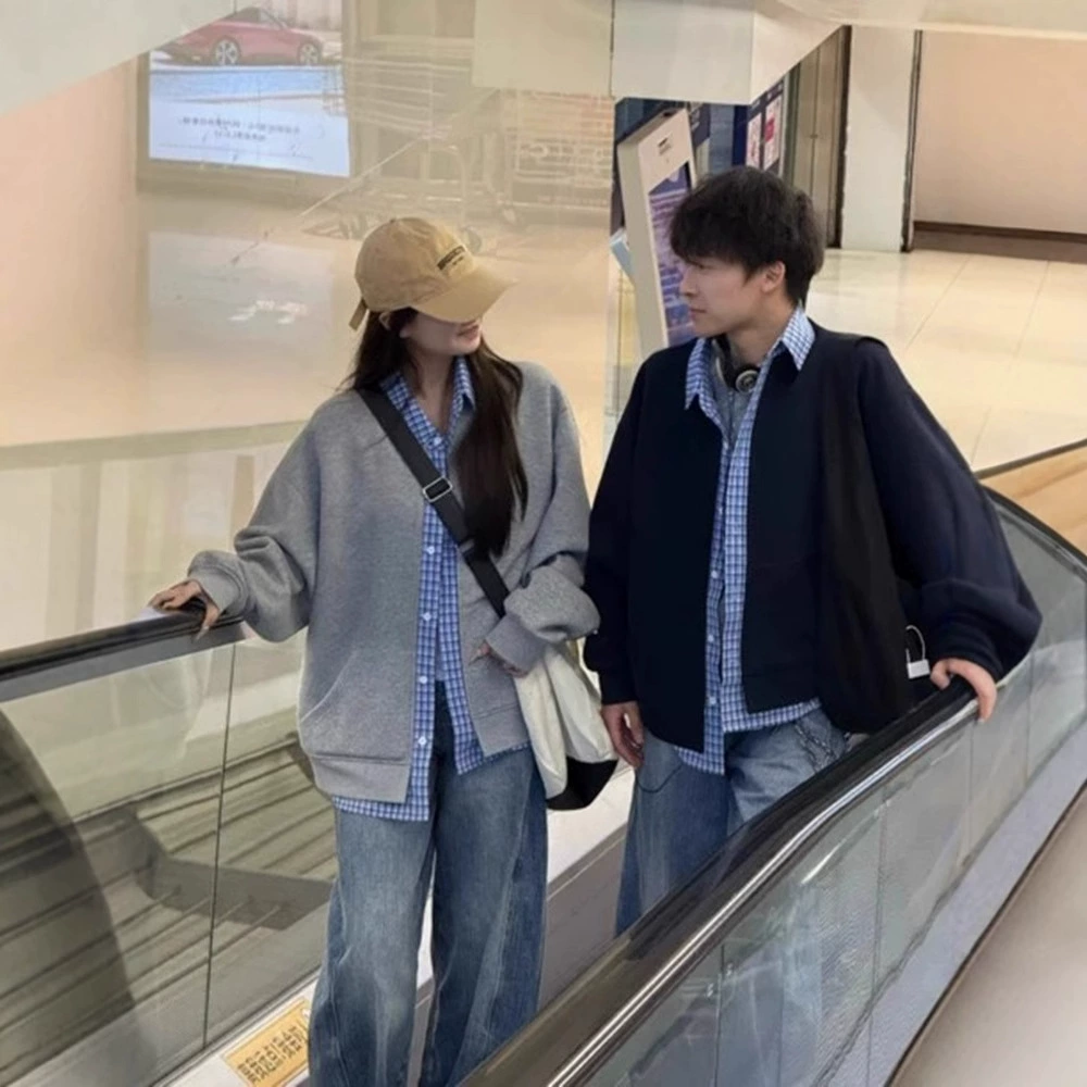 Поддельные две части сшитой решетки лацканный свитер мужской подросток оутд рубашка пальто тяжелые пары топ