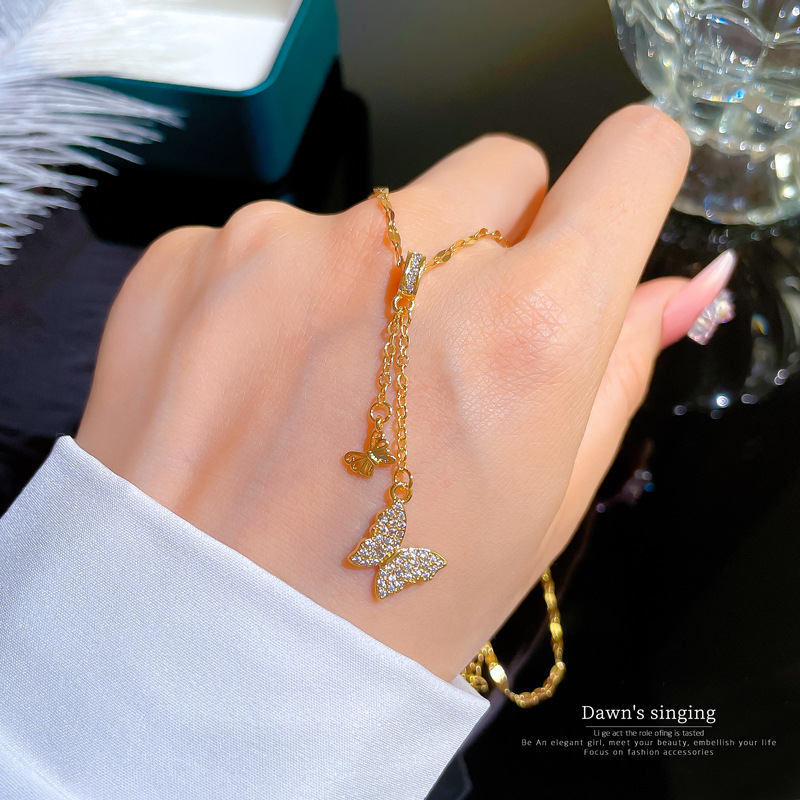 Sweet Butterfly Titanium Steel Plating Inlay Zircon Pendant Necklace 1 Piece