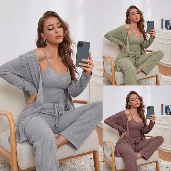 2026 Hot-Selling European and American Style Women's Loungewear Waffle Knit Camisole Top and Long Pants Three-Piece Set for a Stylish Commute