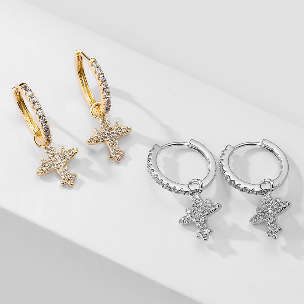 7g Weight Zircon Inlay Material Earrings Classification 1 Piece Lady Airplane Plating Inlay Copper Zircon Gold Plated Earrings