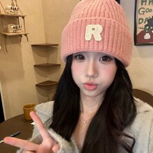 秋冬翻边小字母针织套头帽男童女童宝宝时尚保暖洋气帽子潮毛线帽