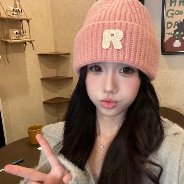 秋冬翻边小字母针织套头帽男童女童宝宝时尚保暖洋气帽子潮毛线帽