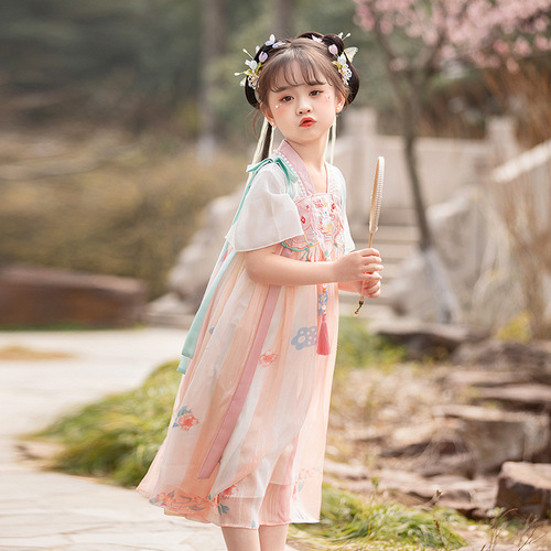 Jade Rabbit Summer New Short Sleeve Hanfu Dress Children's Chinese Style Skirt Internet Celebrity Baby Fairy Embroidery