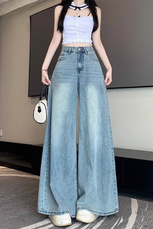 Autumn and Winter Fleece-Lined Light Blue Wide-Leg Jeans for Women, Petite High-Waisted Slimming Drapey Loose Straight-Leg Floor-Length Pants Trendy