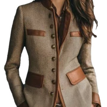 Cappotto da donna in lana color-block in velluto retrò francese, colletto da abito di alta qualità, casual, slim fit, con maniche lunghe, nero/grigio_voghion.com