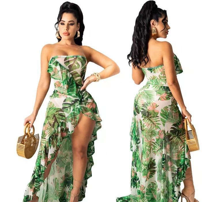 2023 verano transfronterizo costura color sólido falda irregular impreso fuera del cuello tubo superior hoja de loto sexy vestido de hendidura alta image 1