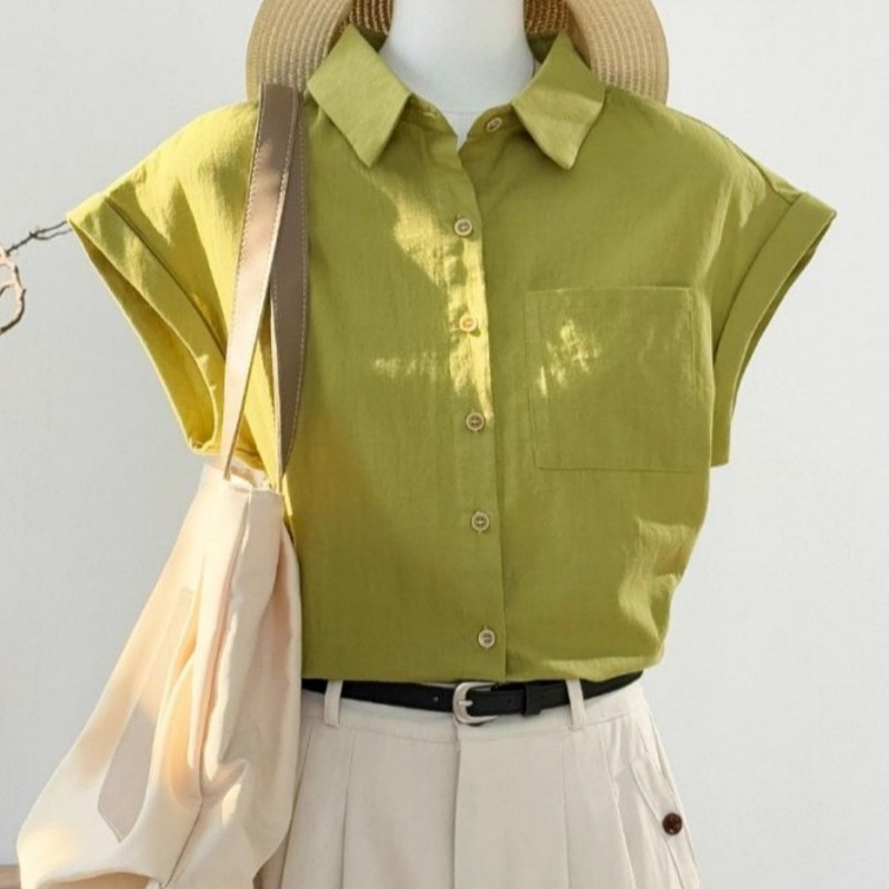 Women's Short-Sleeve Shirt, New Casual Blouse, Petite Japanese Style Versatile Workwear, Flutter Sleeve Top for Summer