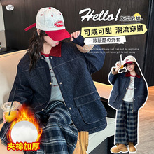 女童夹棉外套2025年秋冬新款中大童领口撞色牛仔夹克衫大口袋上衣