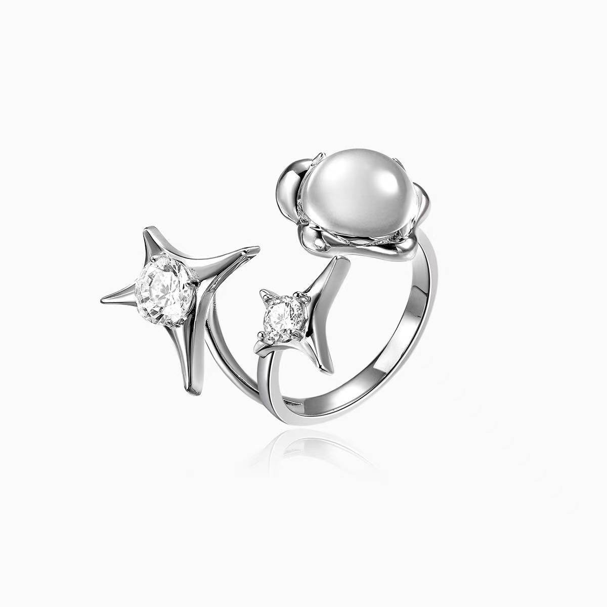 韩版冷淡风开口戒指小众设计芒星不对称潮感时尚个性闪钻珍珠指环