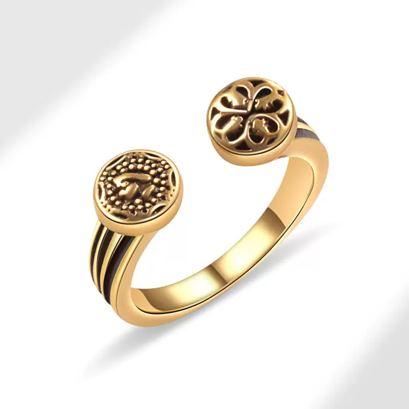 欧美复古重工莺尾卷草戒指女中古风时尚做旧百搭高级感开口食指戒