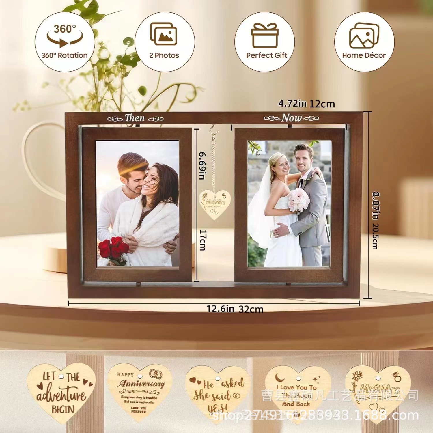 Nuevo marco de fotos americano, marco doble giratorio de madera de amor, marco creativo, decoración de regalo de sala de estar, marco de fotos, decoración de escritorio