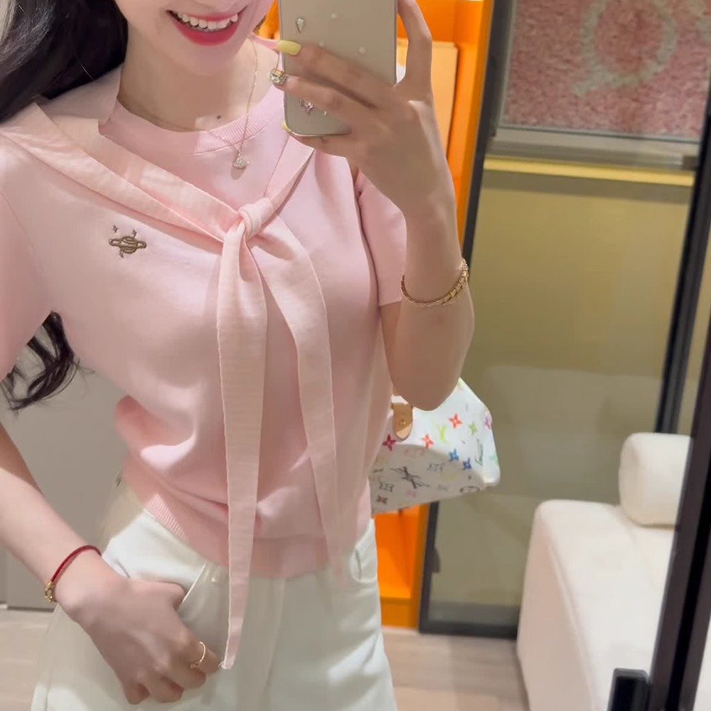 Áo thun nữ tay ngắn dệt kim phong cách Hàn Quốc kèm khăn choàng — sọc chi tiết 4