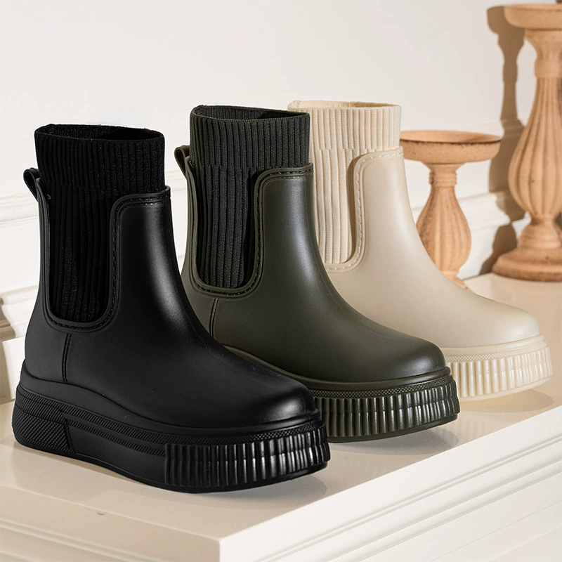 Однотонные резиновые сапоги, простая ткань из ткани, универсальные и удобные короткие сапоги, водонепроницаемые, нескользящие, эластичные резиновые сапоги «Челси» на толстой подошве.