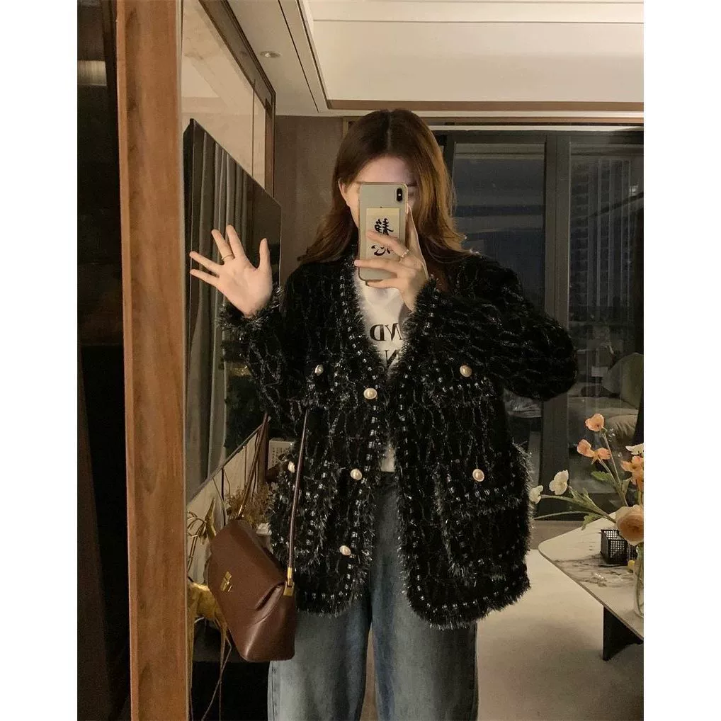 Демисезонная куртка, кардиган, шелковый свитер, стиль Chanel, V-образный вырез, плюс размер, свободный крой