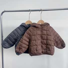 羽绒服儿童轻薄款90白鸭绒2025秋冬新款连帽方格宽松中小童外套潮