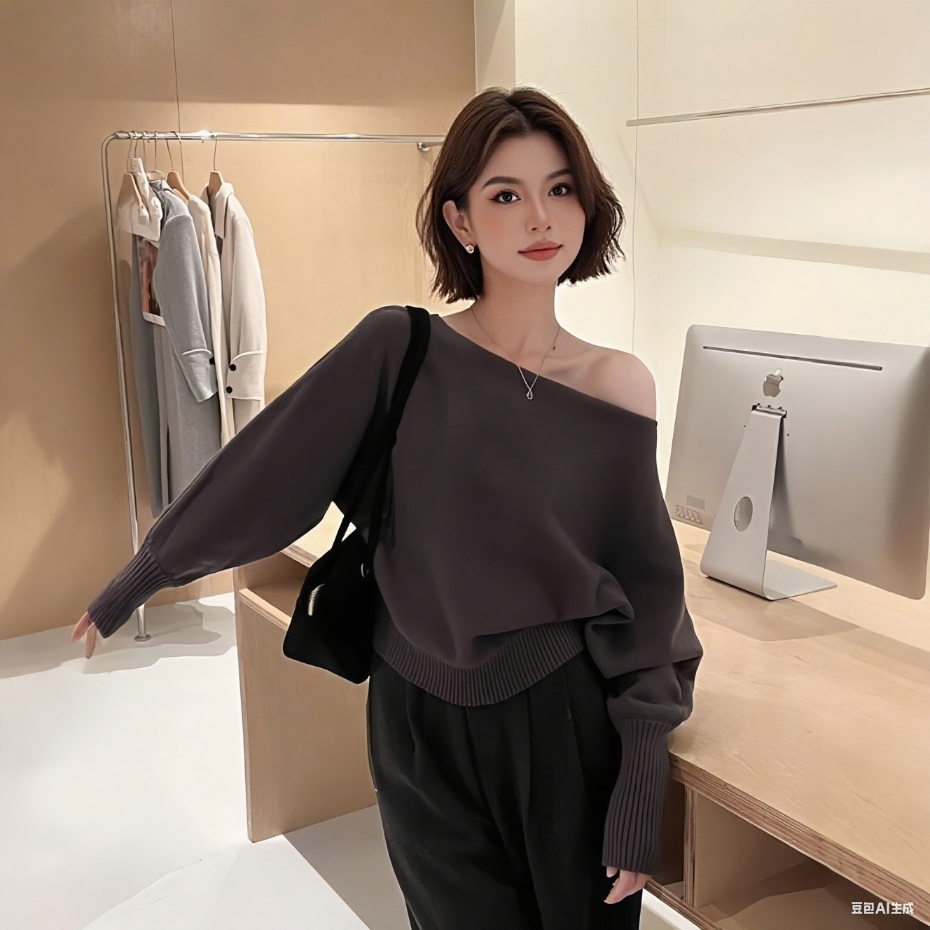 韩系一字肩针织衫女秋冬高级感慵懒软糯毛衣收腰显瘦内搭