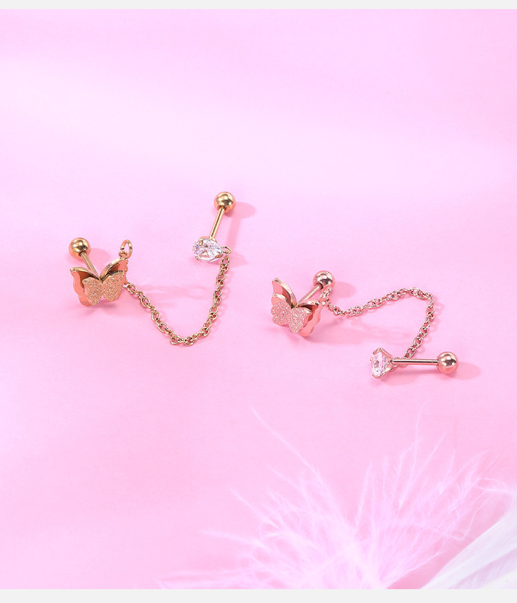 Butterfly Stainless Steel Earring - Rose Gold Zircon Ear Bone Nail for Women detail image 9