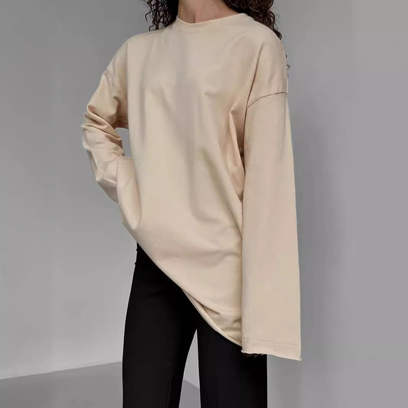 European and American Pure Cotton T-Shirt Women's Clothing 2026 Spring New Style Loose Solid Color Round Neck Long-Sleeved T-Shirt Guiyakecool European and American Pure Cotton T-Shirt Women's Clothing 2026 Spring New Style Loose Solid Color Round Neck Long-Sleeved T-Shirt Guiyakecool